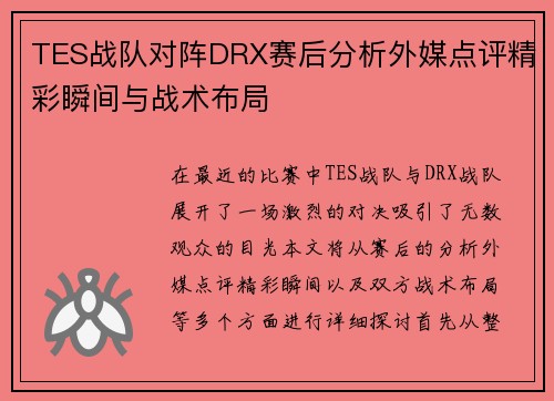 TES战队对阵DRX赛后分析外媒点评精彩瞬间与战术布局