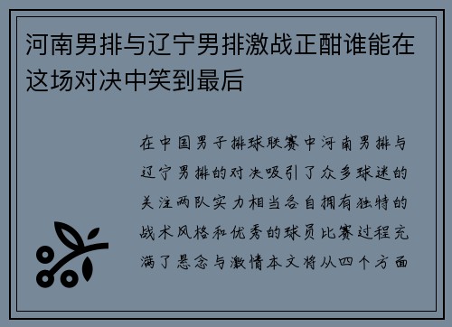 河南男排与辽宁男排激战正酣谁能在这场对决中笑到最后