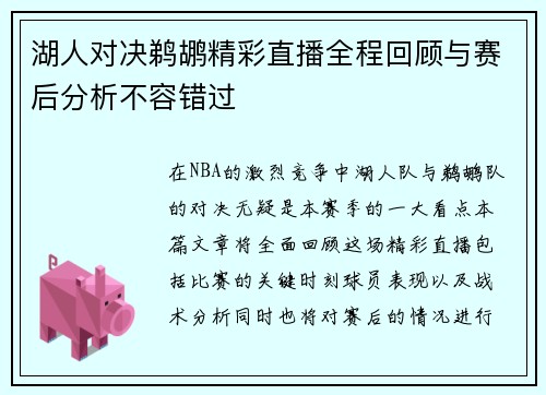 湖人对决鹈鹕精彩直播全程回顾与赛后分析不容错过