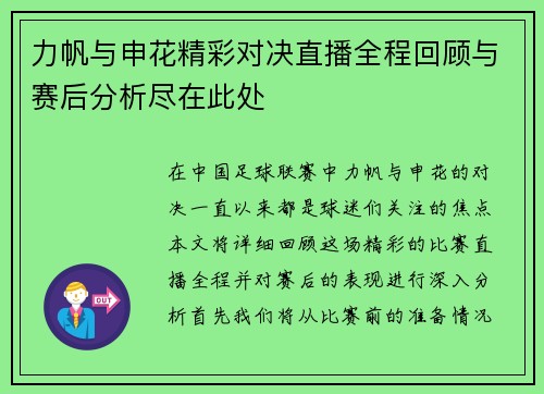 力帆与申花精彩对决直播全程回顾与赛后分析尽在此处
