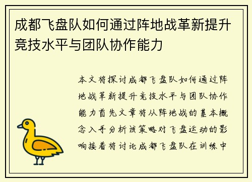 成都飞盘队如何通过阵地战革新提升竞技水平与团队协作能力